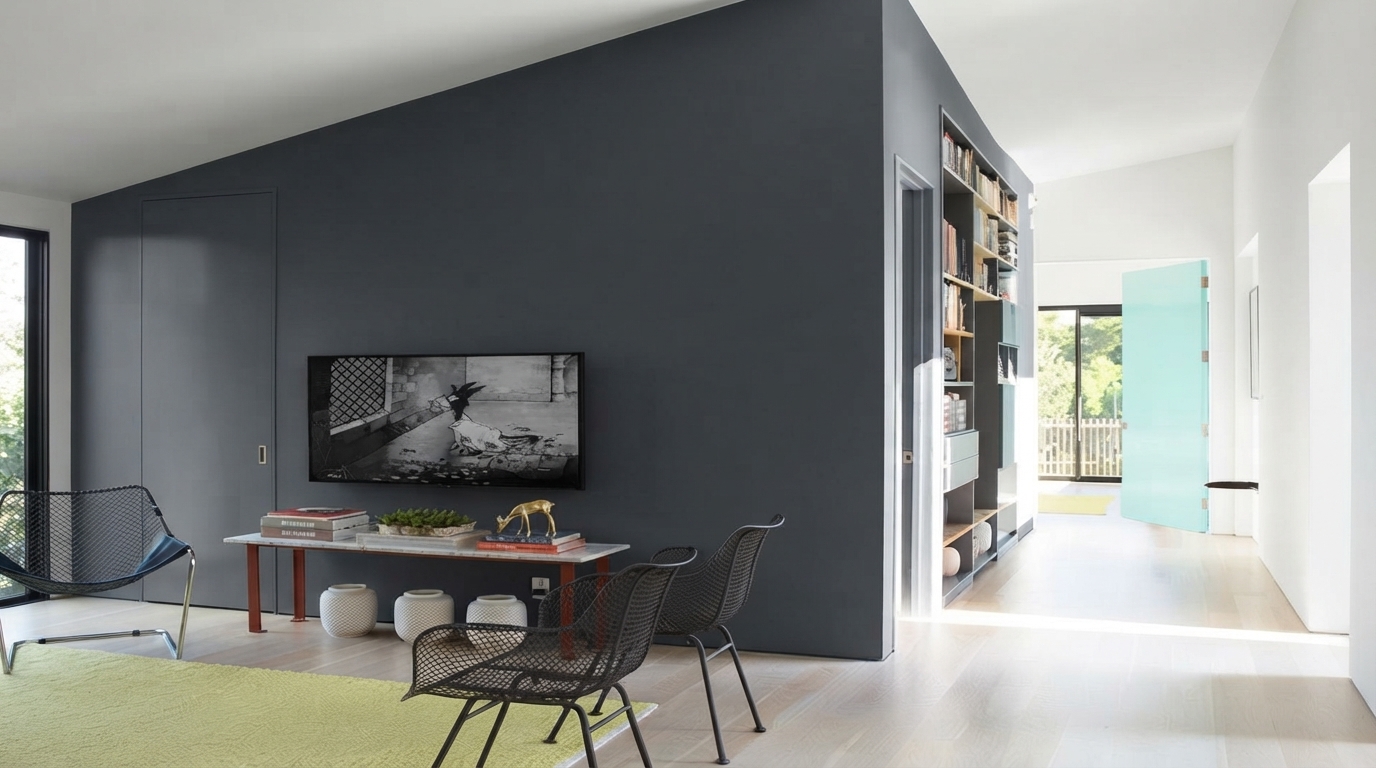 A modern living room featuring Dutch Boy's 2027 Color of the Year, 'Deep Rooted' earthy orange, with natural light and plants.