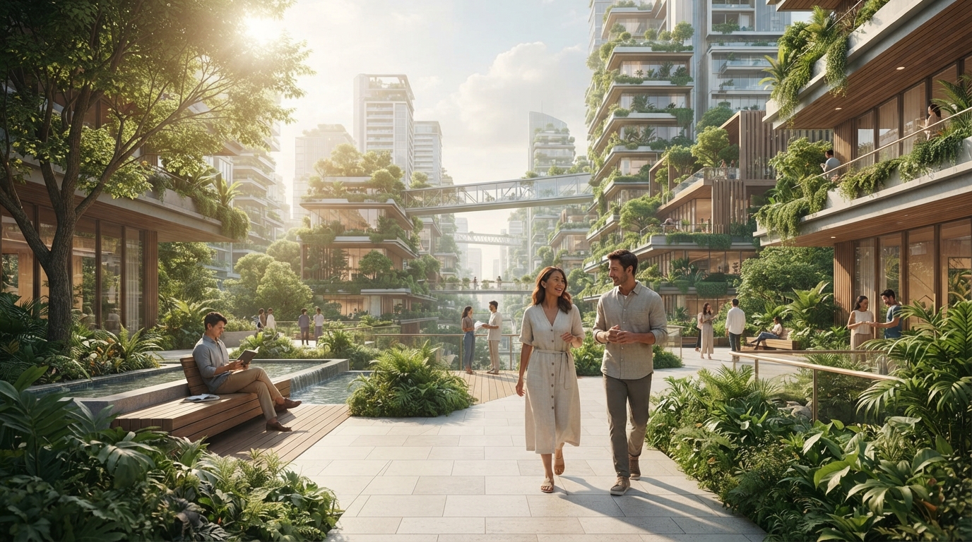 A futuristic urban landscape with abundant greenery, vertical gardens, and natural light, demonstrating biophilic design principles for enhanced well-being.