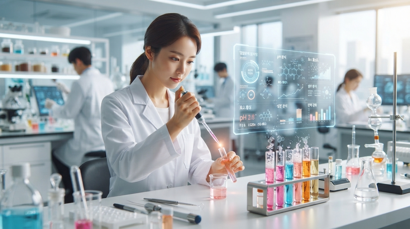 A dynamic K-Beauty laboratory showcasing rapid innovation with colorful serums and holographic ingredient displays.
