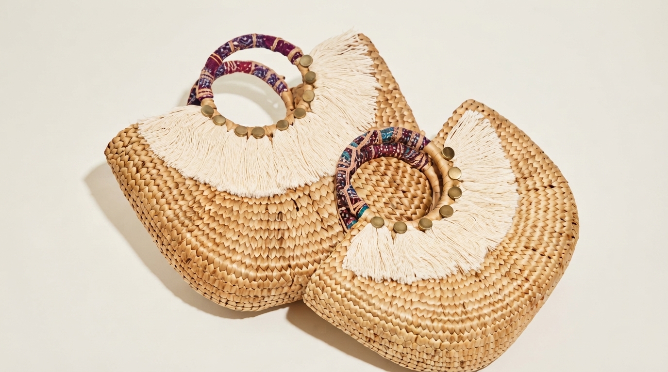 A curated display of stylish, eco-conscious accessories made from sustainable materials, emphasizing ethical craftsmanship and natural beauty.