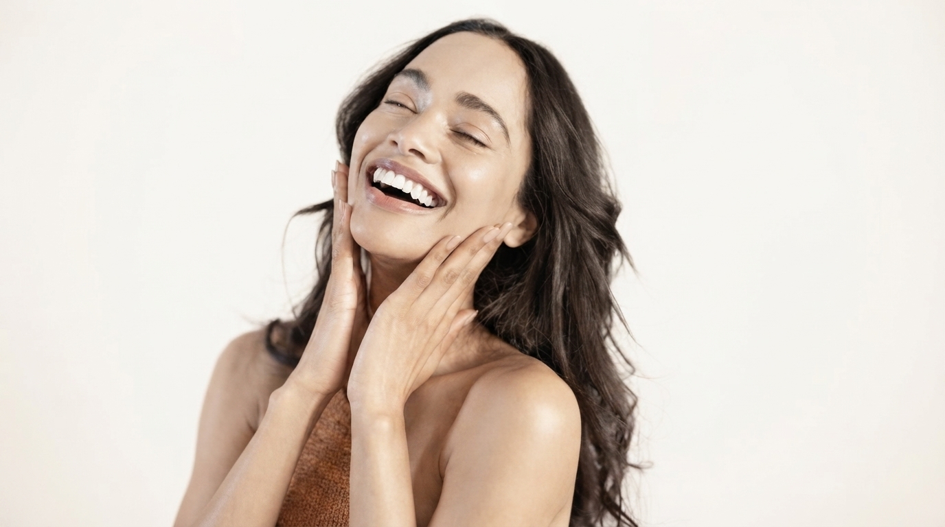 Close-up of a woman's radiant face with glowing skin, highlighting the effectiveness of advanced anti-aging skincare ingredients.