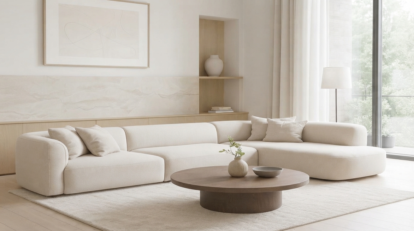A minimalist living room with a single modern chair, emphasizing negative space and natural light.