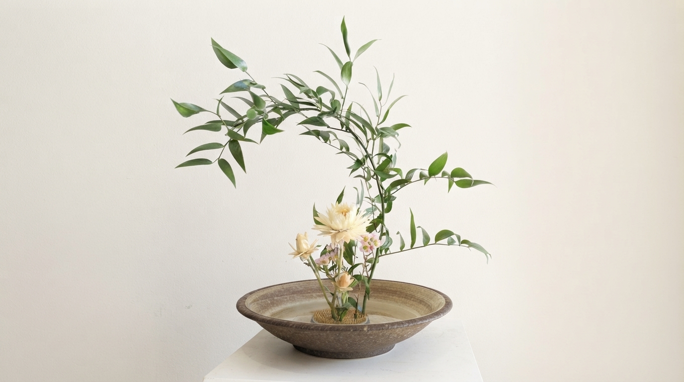 Editorial illustration for Ikebana for Minimalist Interiors: Turning Kanso, Ma, and Asymmetry Into Design Decisions